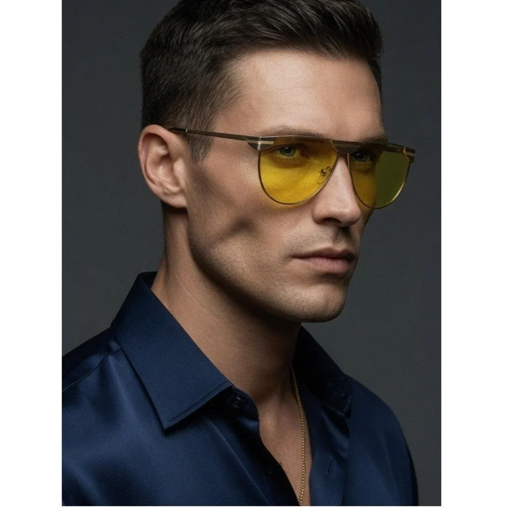 Mens Gold Sunglasses Yellow Tinted Lens Flat Top Metal Frame Retro Style Elegant